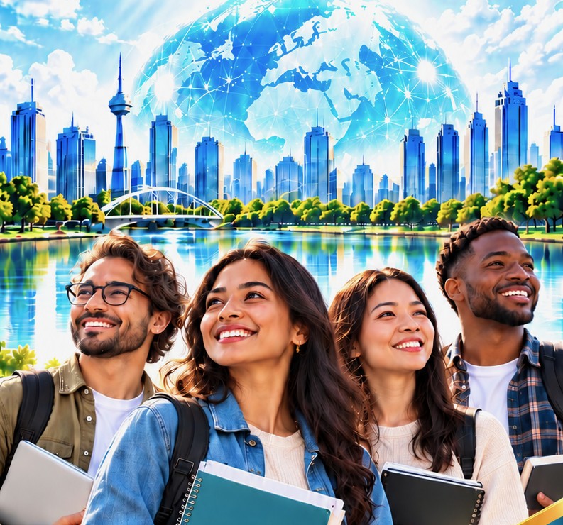 Four smiling students holding notebooks in front of a city skyline and lake